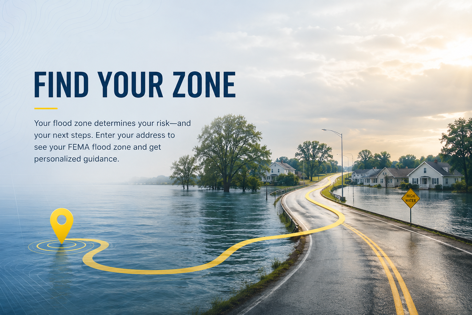Flooded neighborhood road with a yellow path and map pin illustrating flood zone lookup