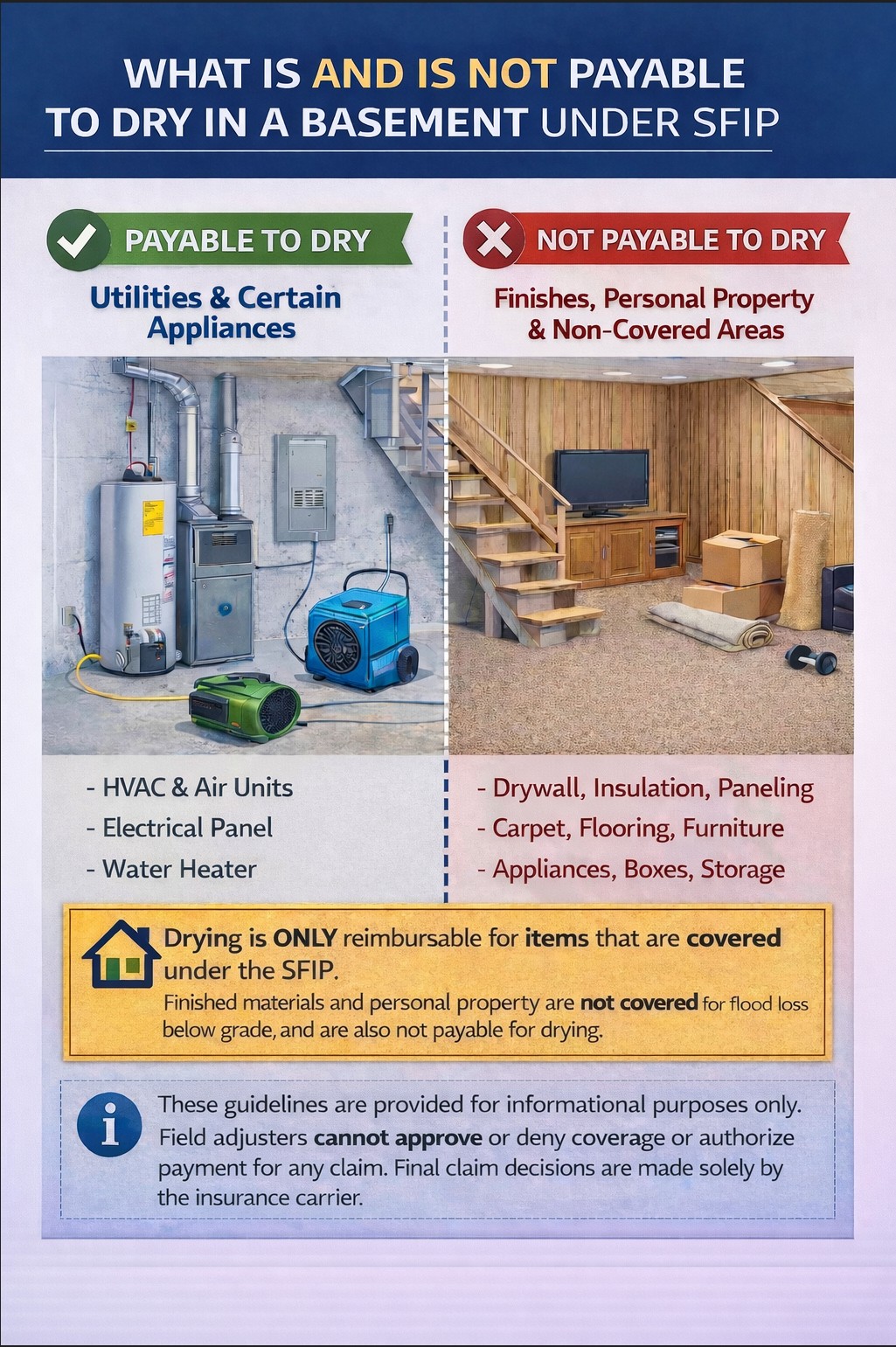 Basement drying payable not payable infographic